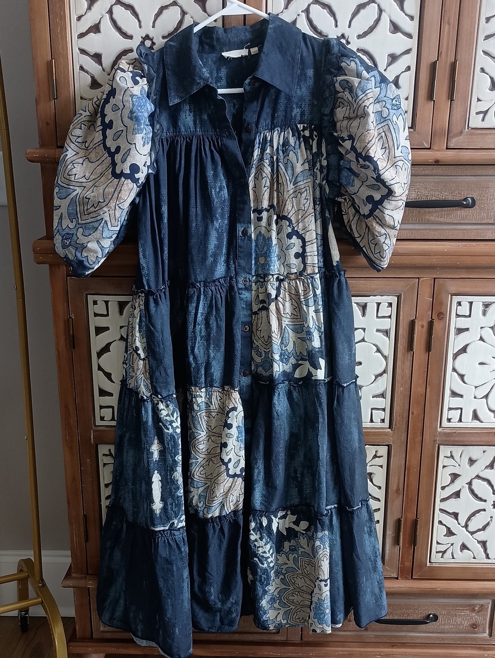 Navy and Cream Floral Patchwork Button-Front Midi Dress
